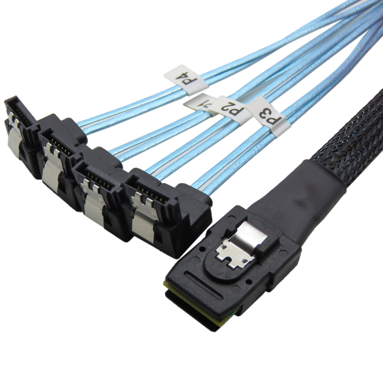 CABLEDECONN   Mini SAS 36P SFF-8087 to 4 SATA 7Pin 90 Degrees Target Hard Disk Data Cable, Blue H0202
