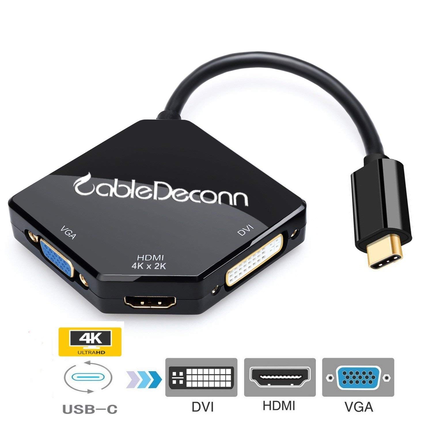 USB-C to HDMI VGA DVI Multiport Adapter,CableDeconn Thunderbolt 3 Type-c HDMI 4K 3IN1 Multifunction Cable Converter   F0102