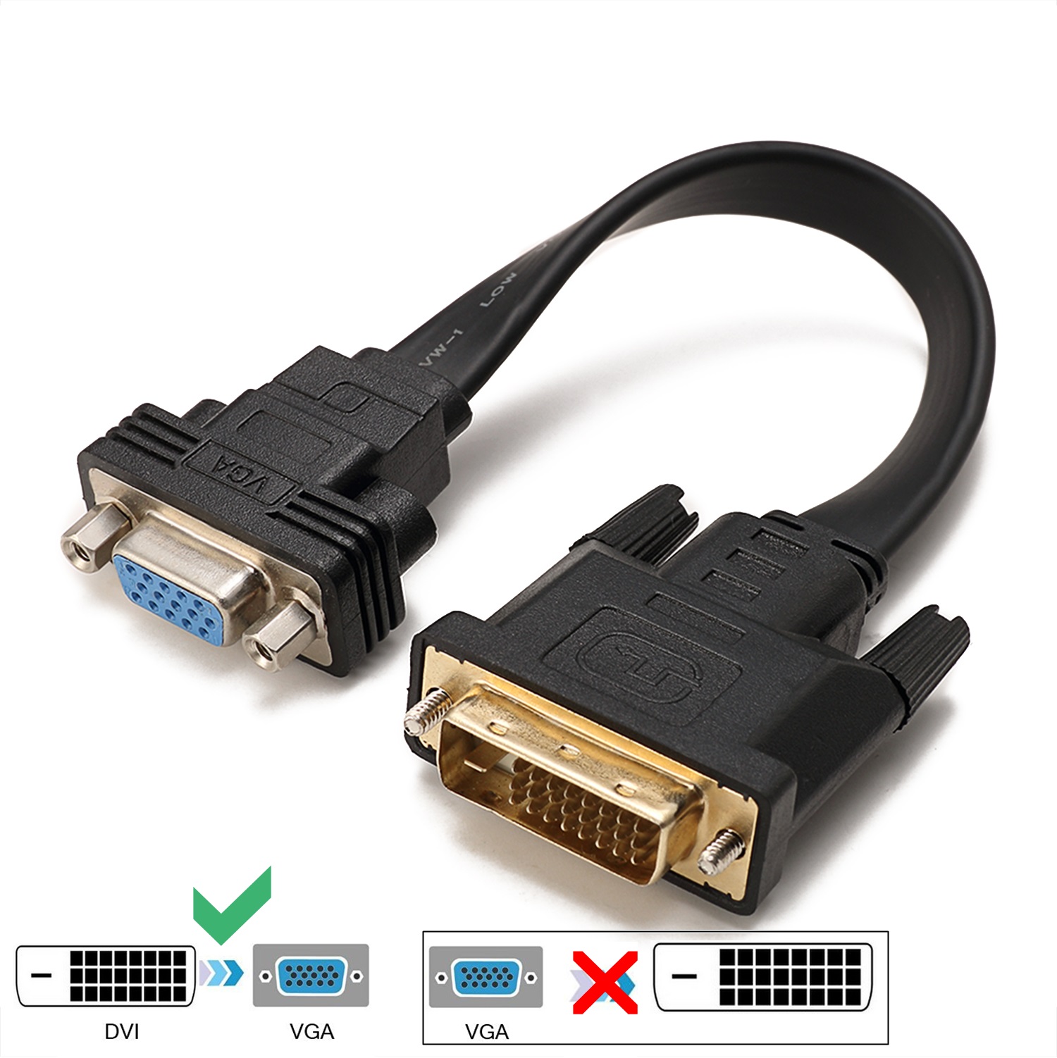 CABLEDECONN Active DVI-D Dual Link 24+1 Male to VGA Female Video with Flat Cable Adapter Converter Black (E0207)