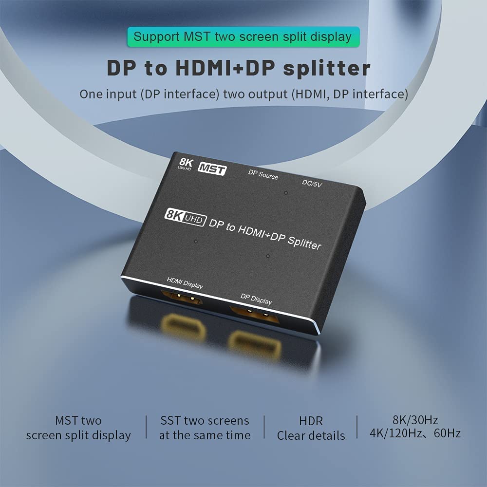 CABLEDECONN DisplayPort 8K DP 1.4 2In 1Out 1In 2Out Switch Bi-Direction  8K@30Hz 4K@120Hz Splitter Converter for Multiple Source and displays