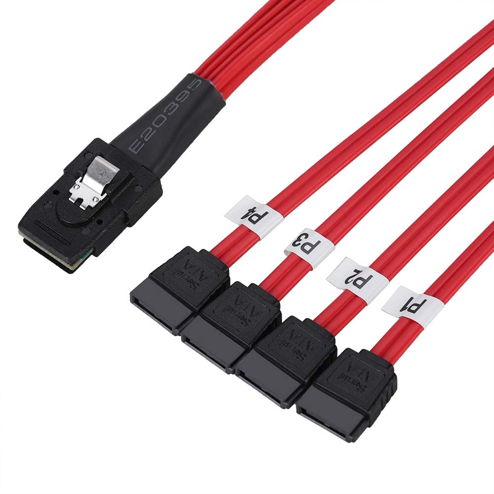 CableDeconn 3FT Internal SFF8087 Mini SAS 36pin Male To SATA 7Pin Female (X4) Forward Breakout Red Cable H0203 H0205