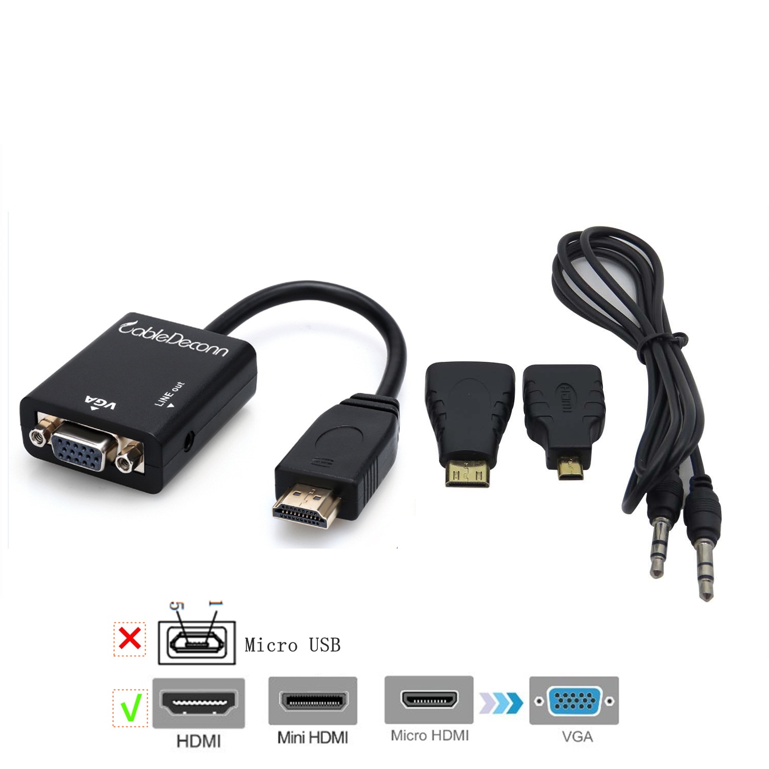 CABLEDECONN 3 In1 HDMI Male to VGA Adapter Convertor Cable + Micro HDMI to HDMI + Mini HDMI to HDMI with Audio Output  F0101