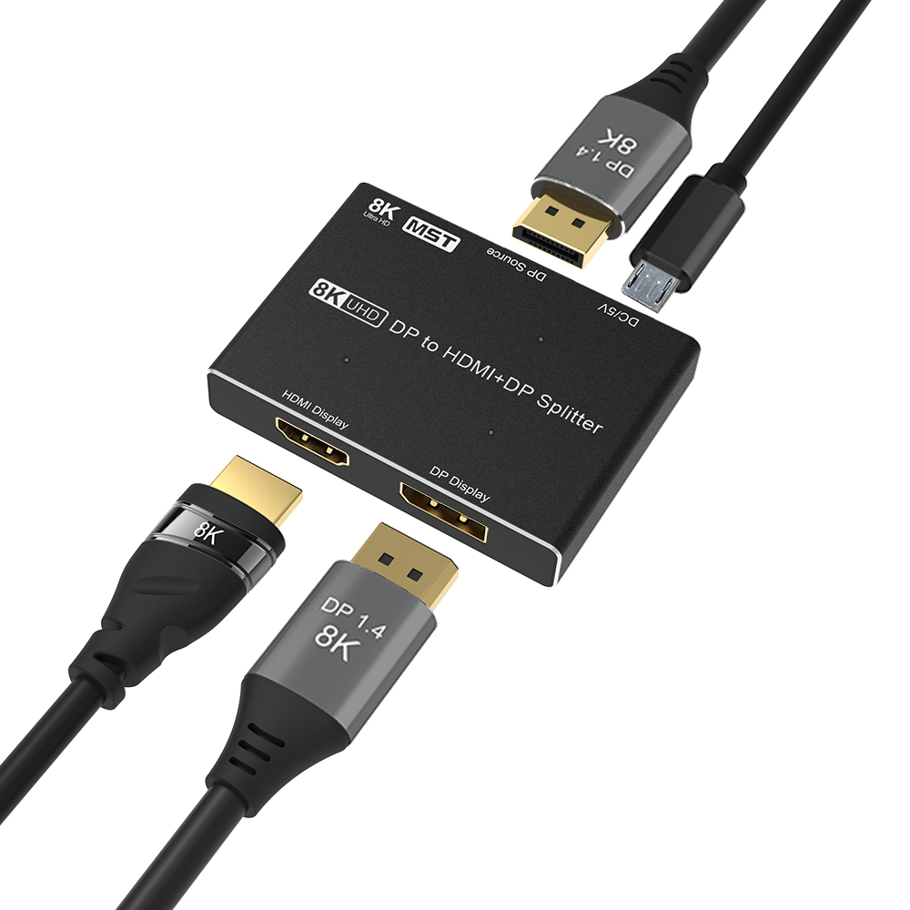 CABLEDECONN DisplayPort HDMI 8K MST SST 1In 2Out Splitter Directional DP 1.4 8K@30Hz 4K@120Hz to DisplayPort HDMI 8K 1440P@165Hz Directional Converter Switch Multi Screen Transfer  T0202