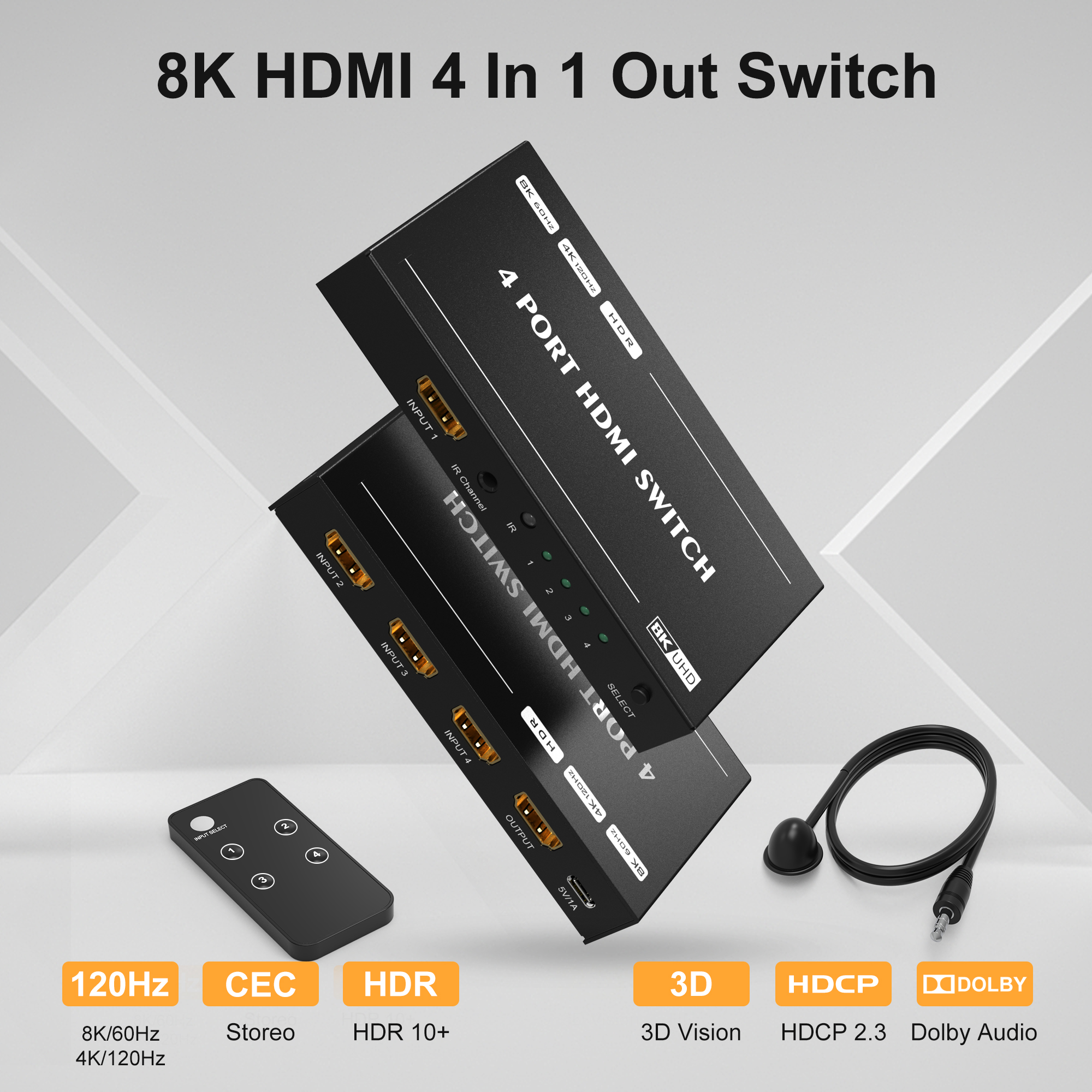CABLEDECONN 3 Port HDMI 2.1 HDR 3In 1Out 8K Switcher with Remote Control  Directional 8K@60Hz 4K@120Hz HDR 48Gbps 3D HDMI Video Converter Compatible  with PS5 Xbox x HDMI TVs Monitors A0102-HDMI 8K