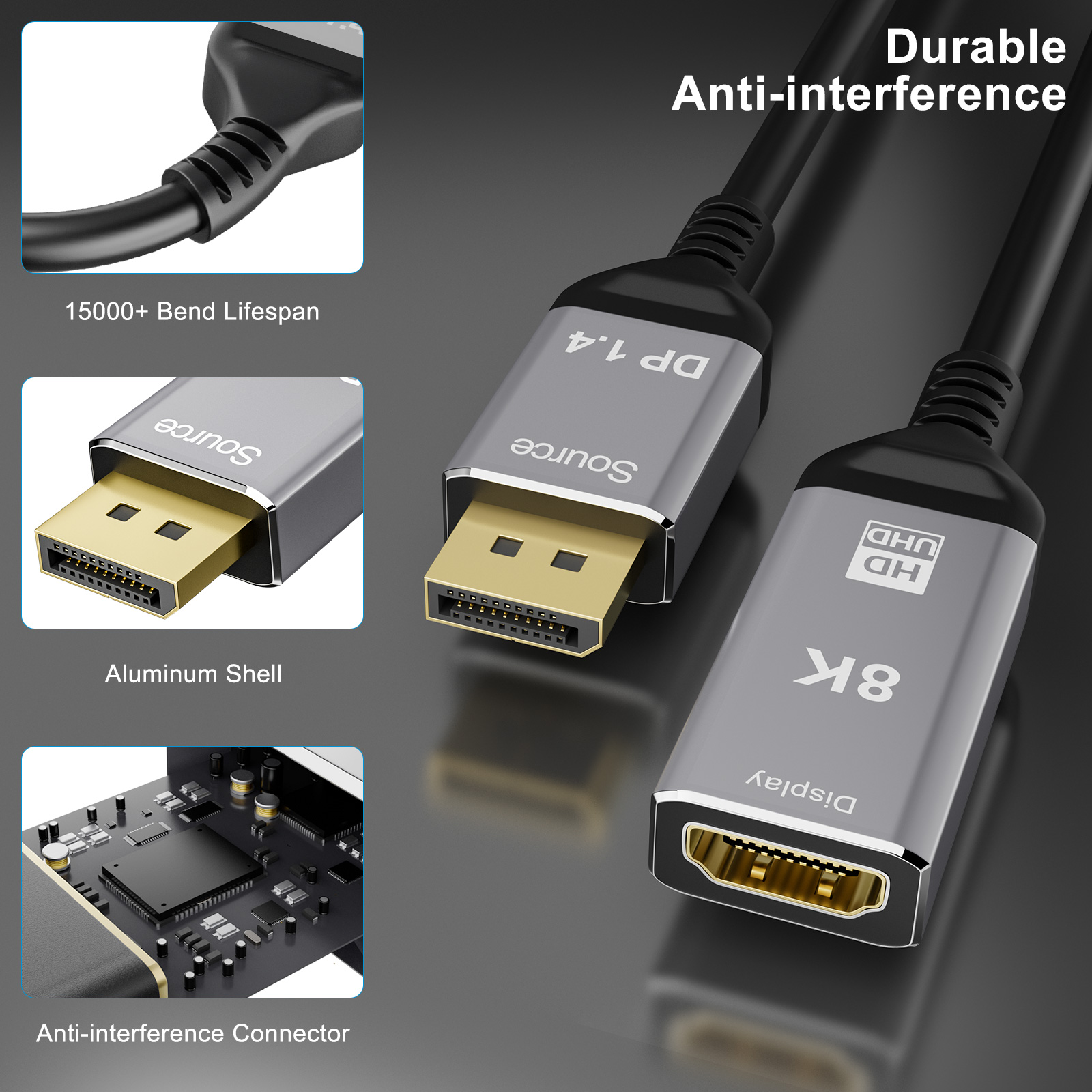 CABLEDECONN DisplayPort 8K DP 1.4 Switch 3In 1Out 1In 3Out Bi-Direction  8K@30Hz 4K@144Hz Splitter Converter for Multiple Source and displays  A0209-Diplayport Adapter-CableDeconn