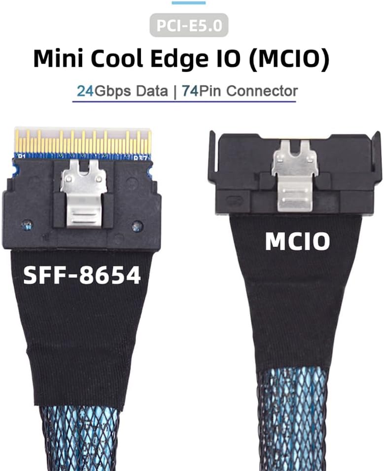 CABLEDECONN PCI-E 5.0 Mini Cool Edge IO MCIO PCI-E Slimline 8i 74Pin Male to SFF-8654 SAS 4.0 74Pin Male Extender Cable 50cm 